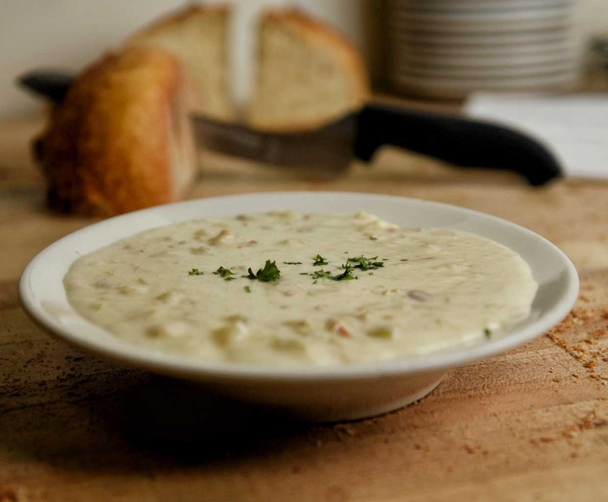 Brophy Bros New England clam chowder served at Santa Barbara Harbor seafood restaurant
