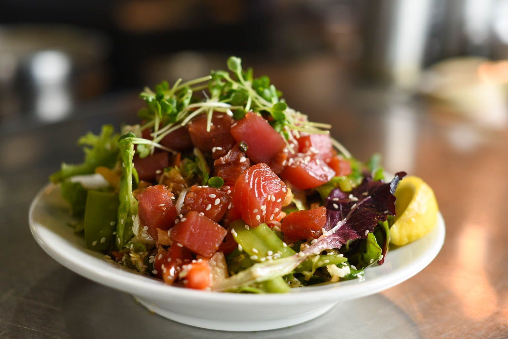 Ahi tuna poke salad with fresh seafood at Brophy Bros Santa Barbara Harbor