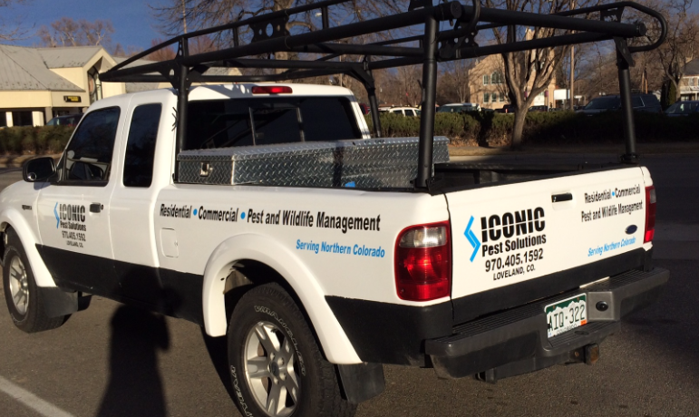 White truck with black trim, logo for pest control company, bed rack, and toolbox.