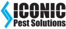 Logo for Iconic Pest Solutions: blue and black text, with a blue chevron design.