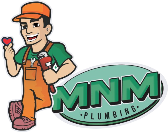 a logo for mnm plumbing with a man holding a heart