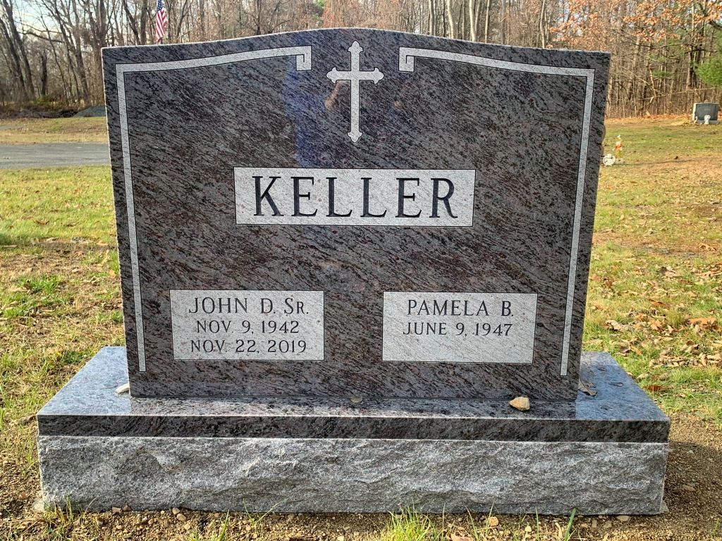A gravestone for john and pamela keller in a cemetery.