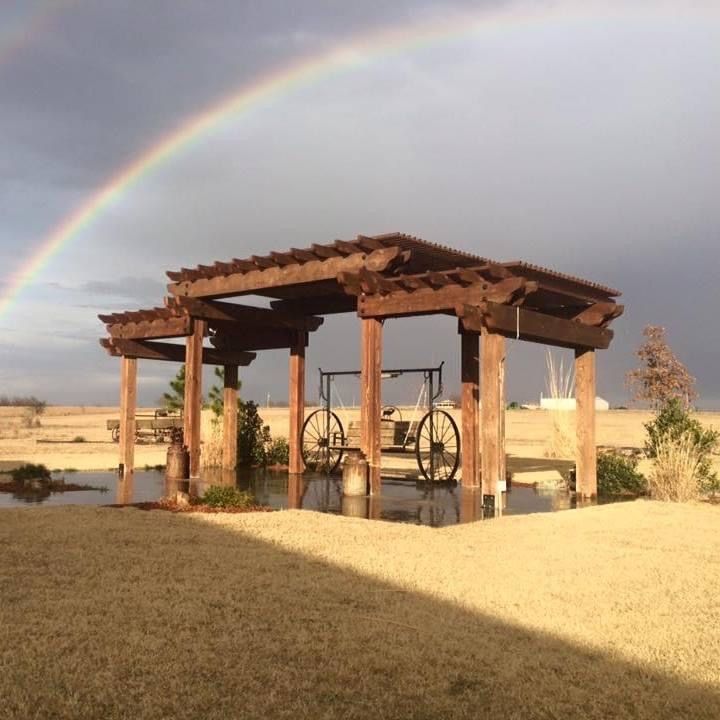 A bicycle is parked under a pergola with a rainbow in the background