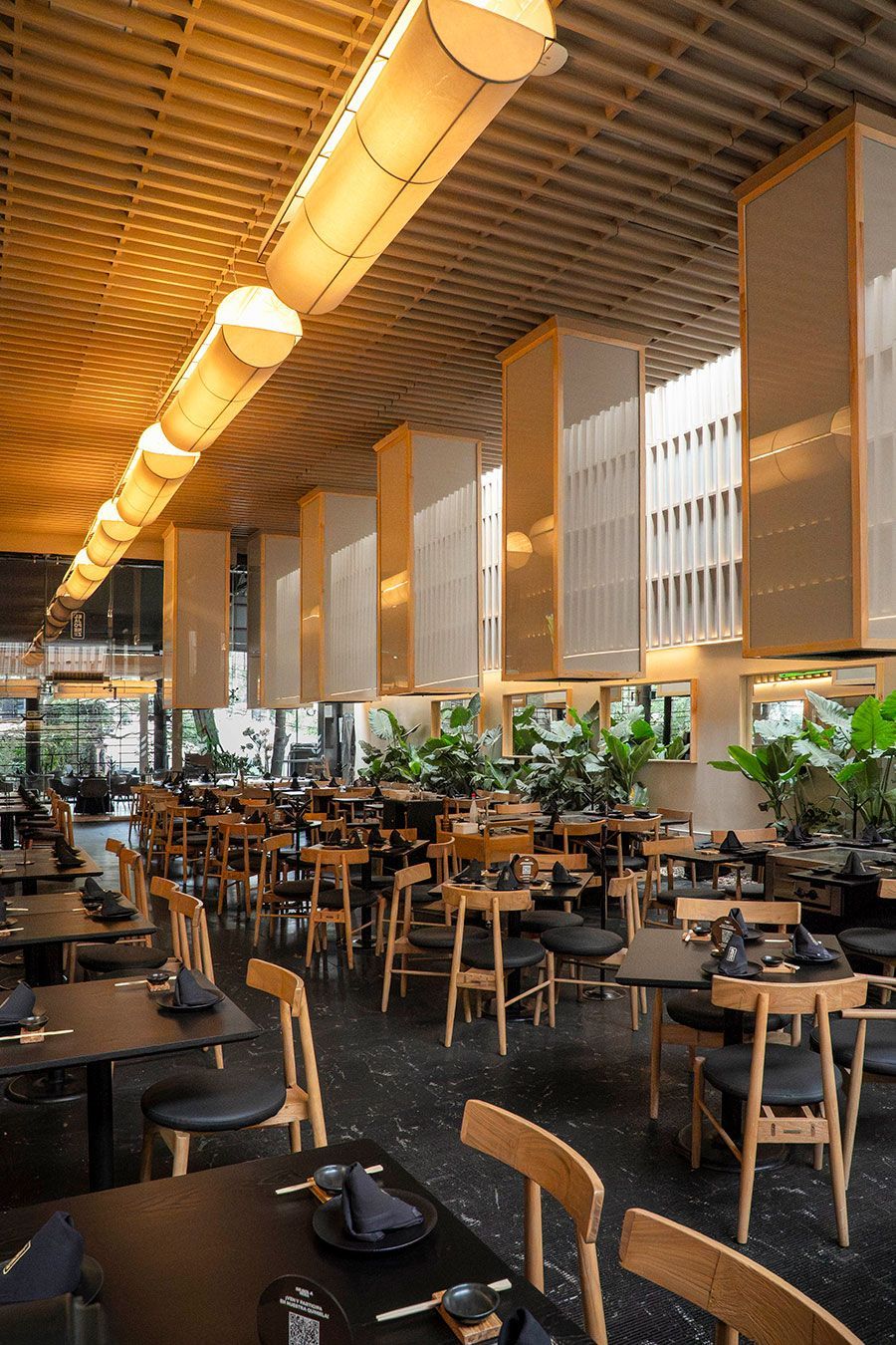Interior de restaurante moderno con mesas de madera, sillas negras y plantas colgantes con iluminación cálida.