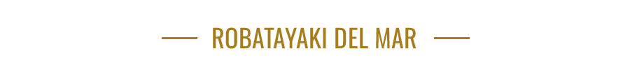 Logotipo dorado con el texto “ROBAYAKI DEL MAR” centrado entre dos líneas finas sobre un fondo blanco.