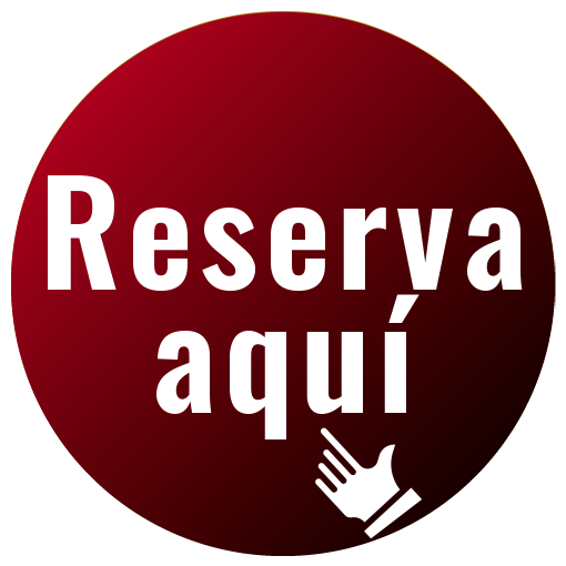 Círculo rojo con texto blanco “Reserva aquí” y un icono de mano señalando.