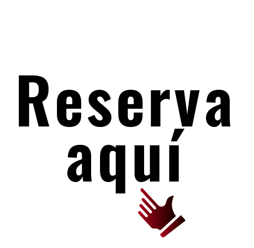 Reserva aquí en texto negro con un ícono de mano apuntando en rojo oscuro