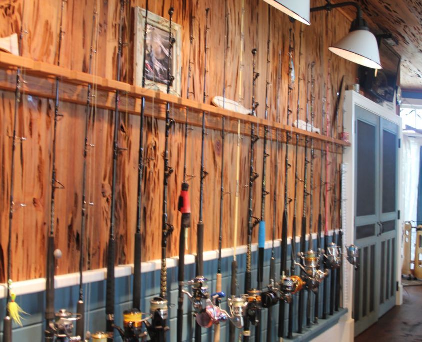 Fishing rods displayed on a wooden wall in a rustic setting, with a glimpse of a door.
