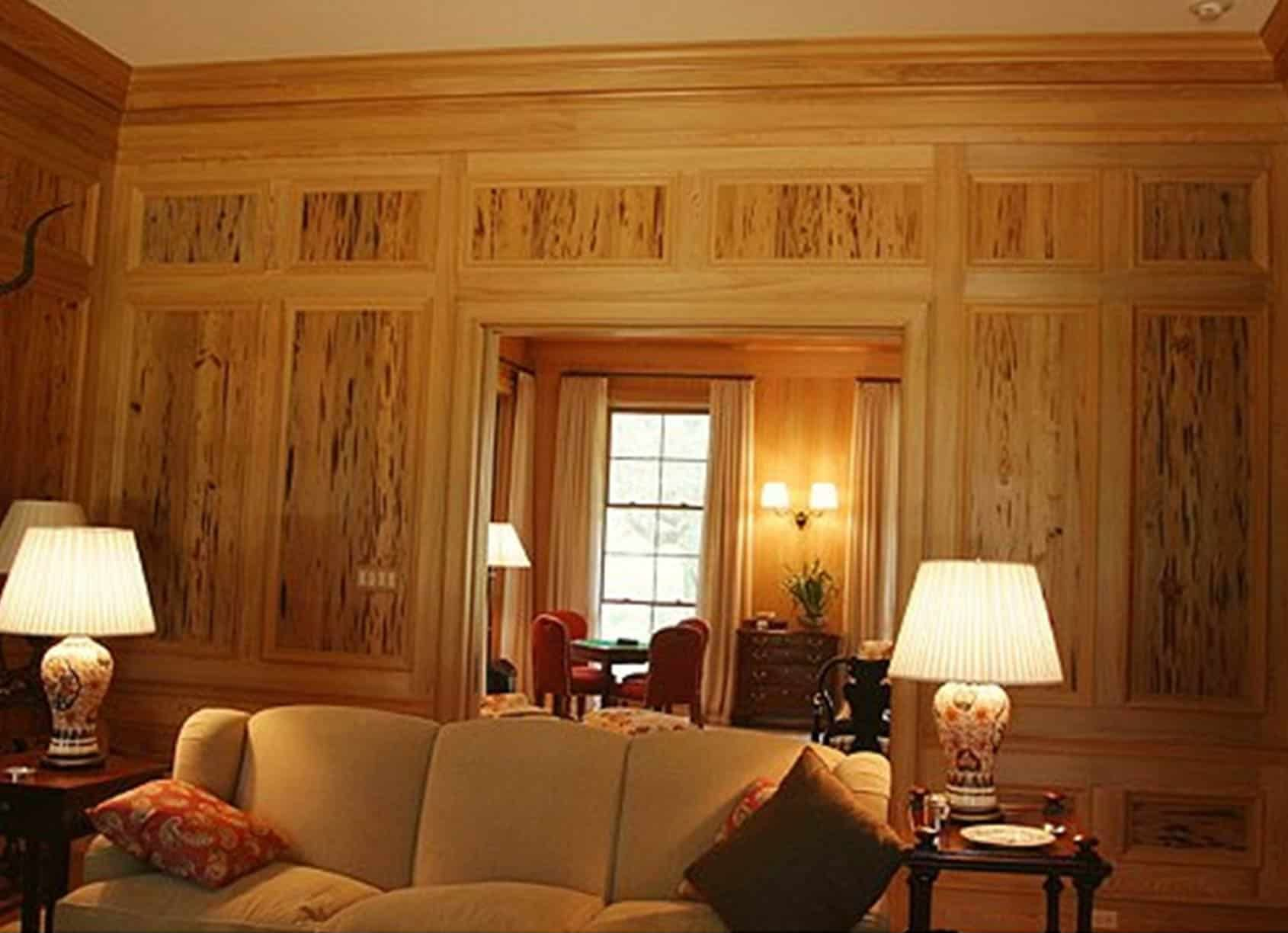 Living room with wood paneling, couch, lamps, and a view into another room with a window.