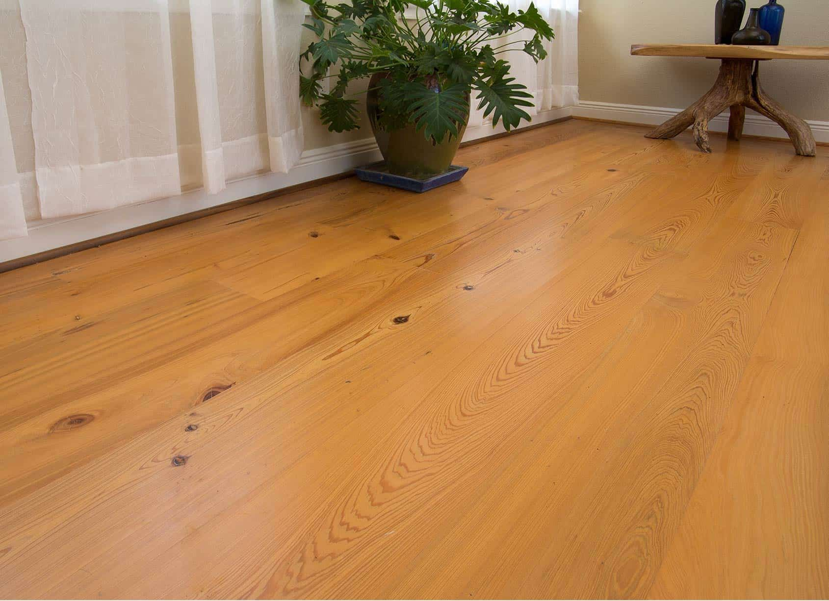 Wooden floor with potted plant near window, small table in corner.