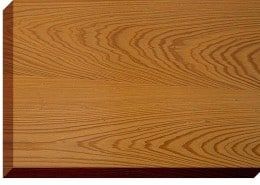 Close-up of a rectangular wood plank with a visible grain pattern, stained in a warm brown color.