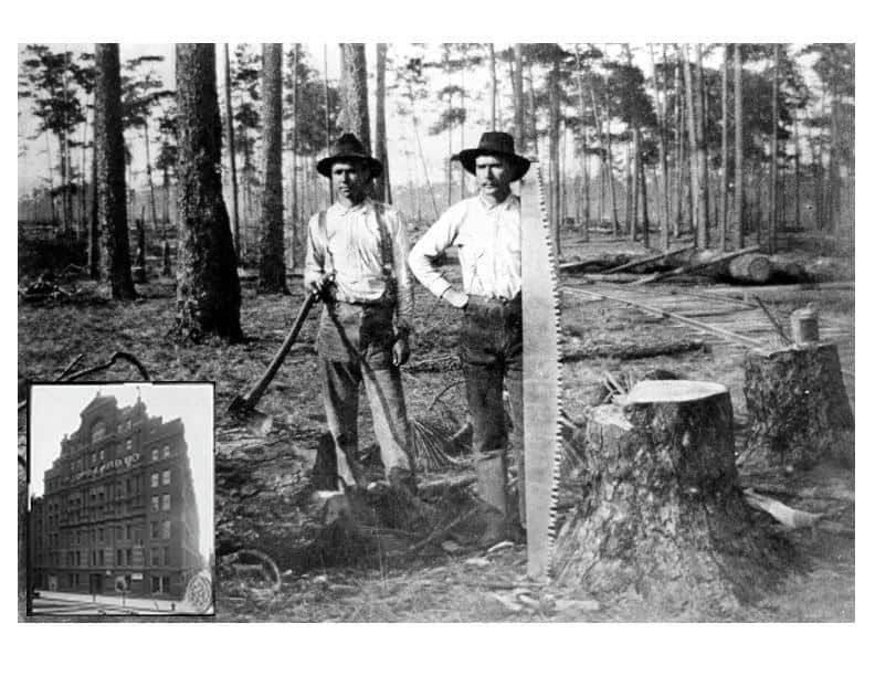 Two men with tools stand in a forest clearing. Inset: a large building.