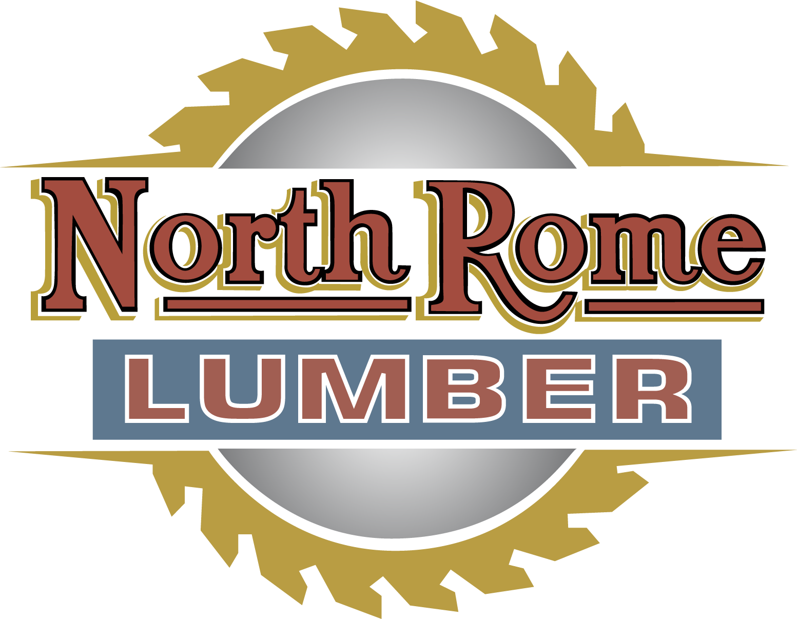North Rome Lumber logo: Text over a silver circle, framed by a saw blade.