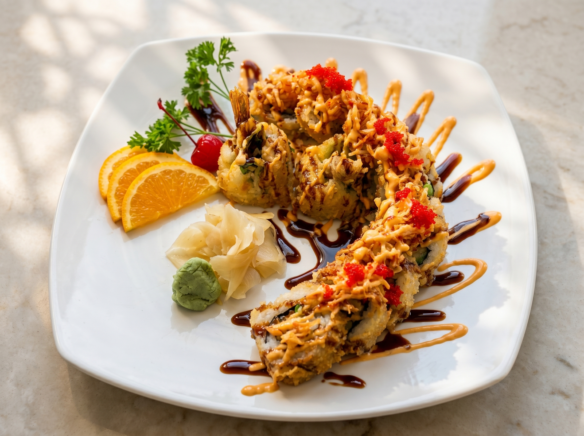 Plated sushi rolls with orange slices and wasabi, drizzled with sauce on a white dish