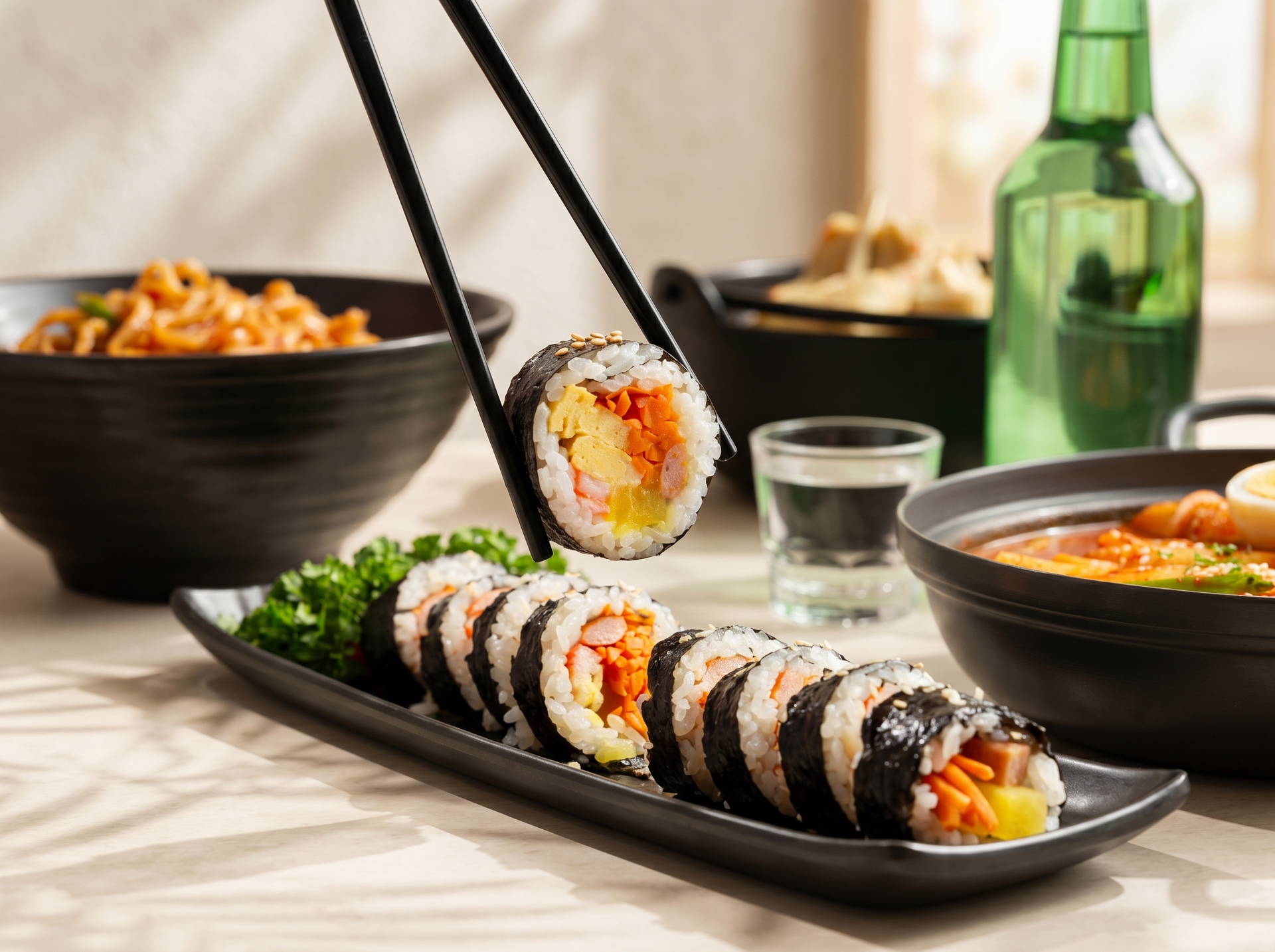 Sushi rolls on a black plate with chopsticks, bowls, and a green bottle on a dining table