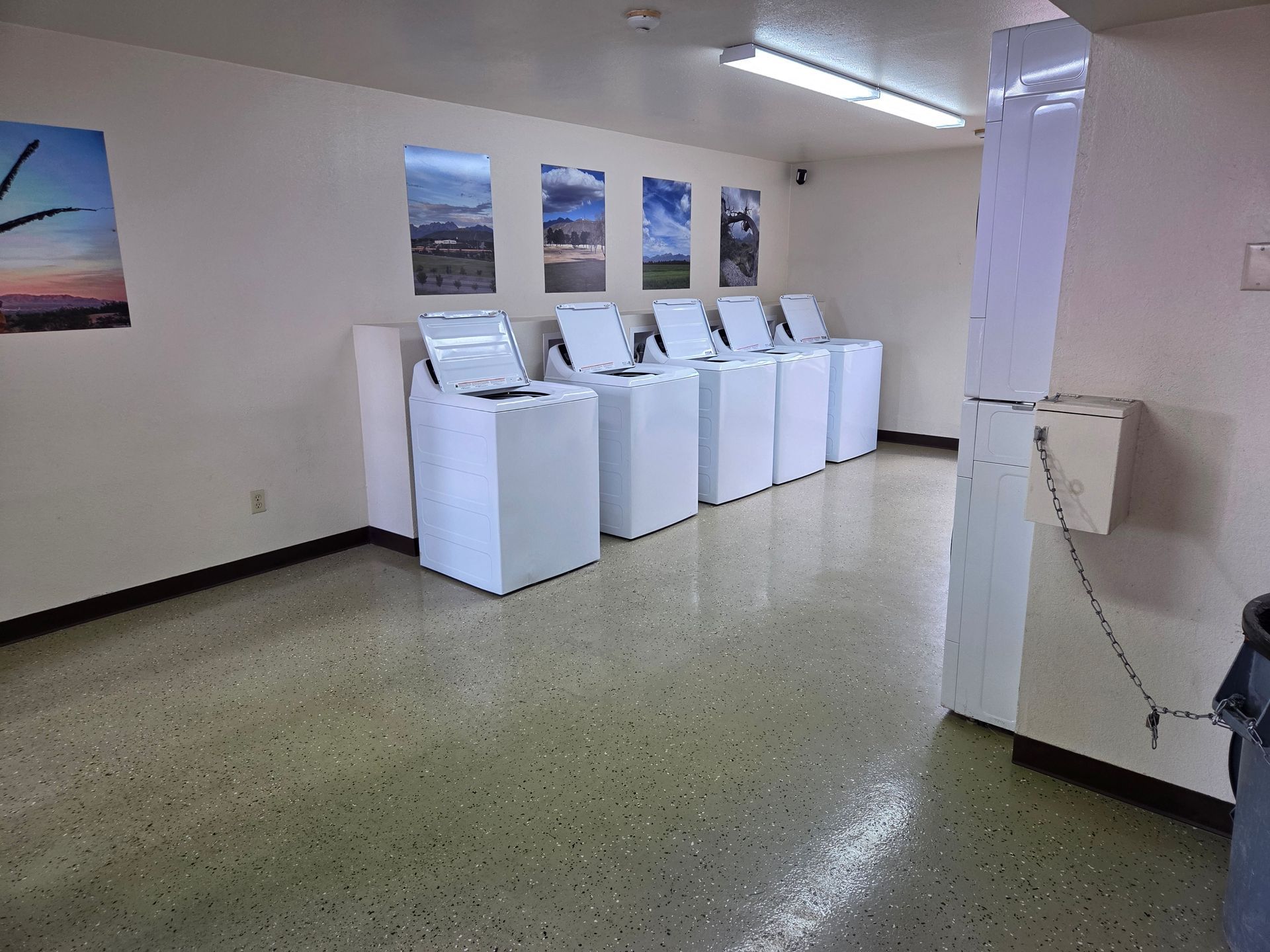 A laundry room with five white top-loading washing machines aligned against a wall beneath landscape photos.