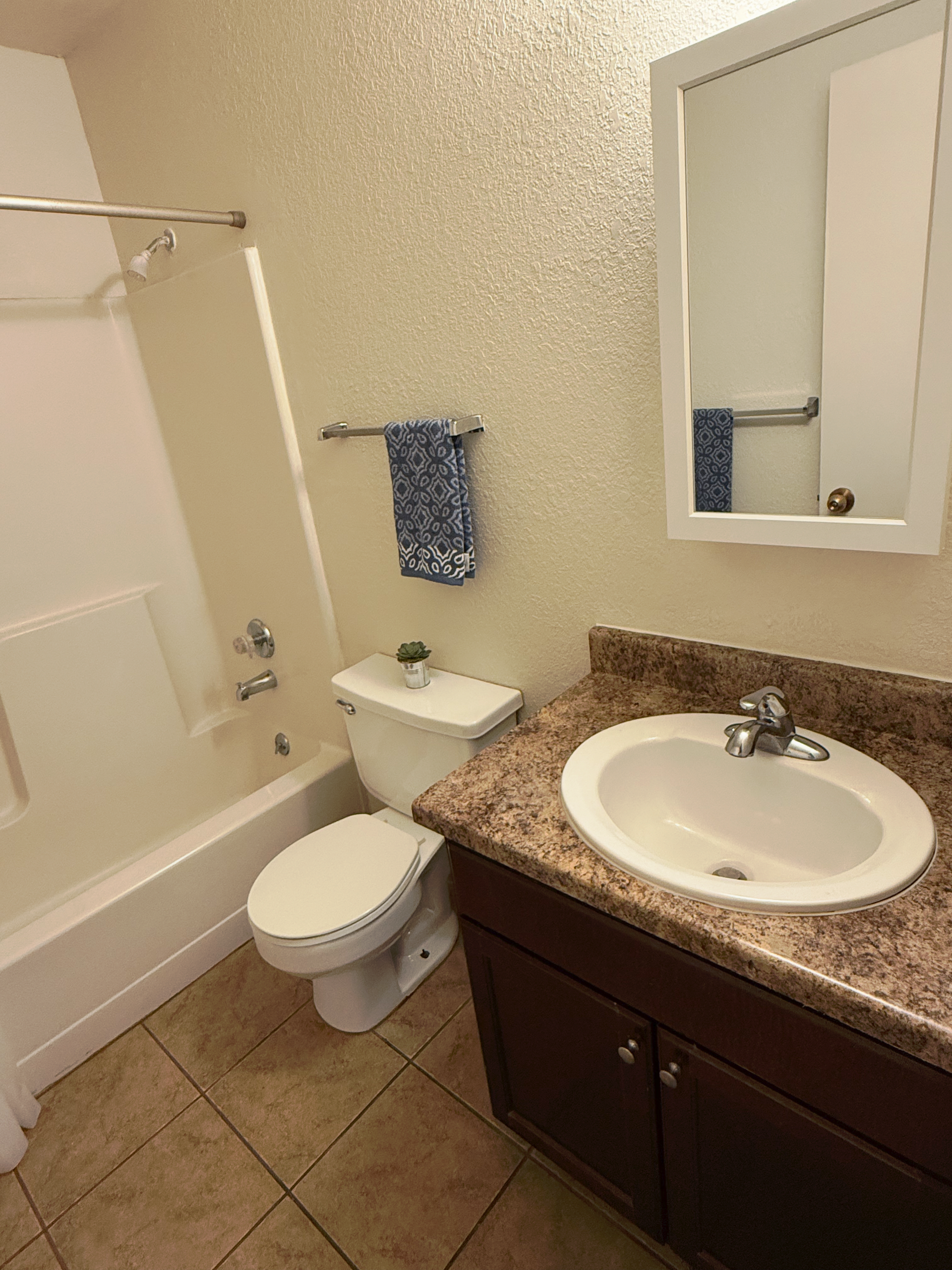 A neutral-toned bathroom featuring a granite-topped vanity with a white sink, a toilet, and a shower-tub combination.