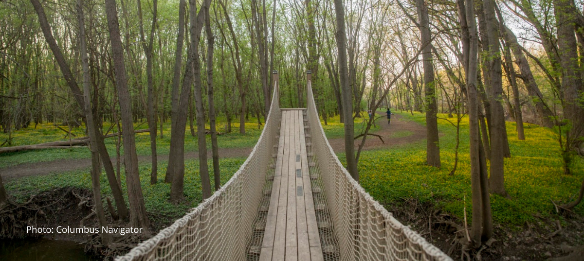 A walking bridge at Scioto Grove Metro Park in Grove City, Ohio.