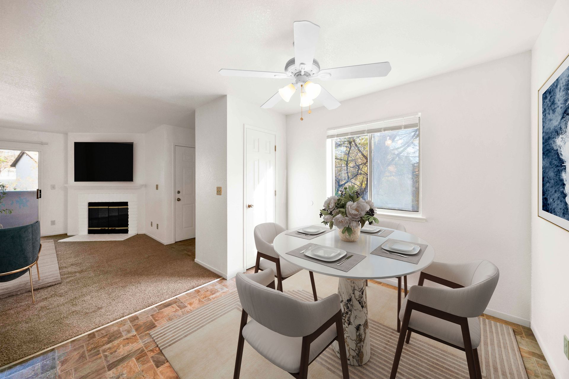 2 bedroom, 1 bathroom - dining room with window and view into living room