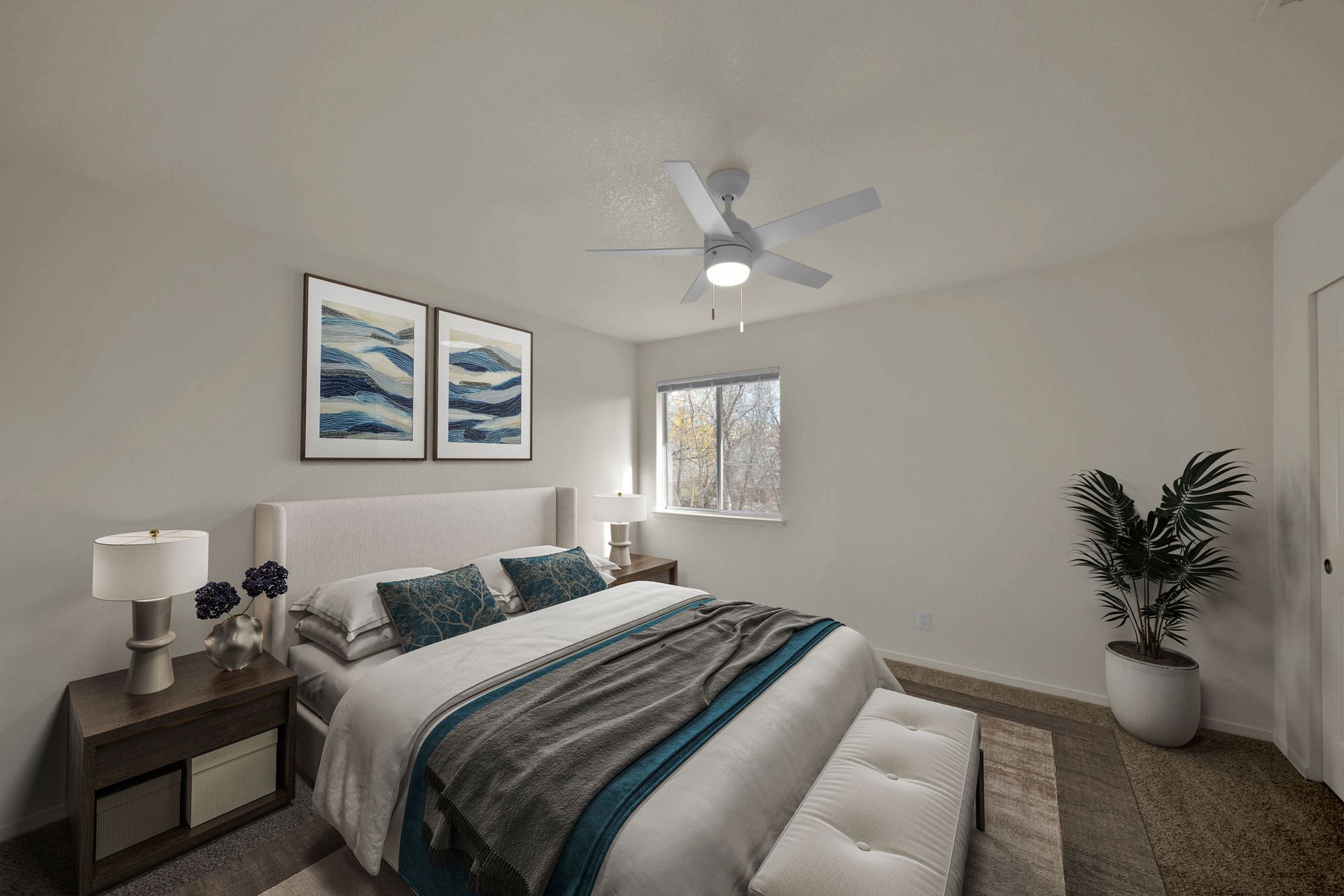 2 Bedroom, 2 Bathroom - Large bedroom with ceiling fan and view out window.