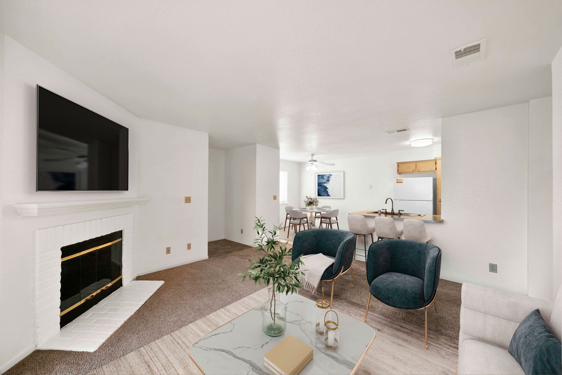 2 bedroom, 1 bathroom - living room with view of kitchen and dining