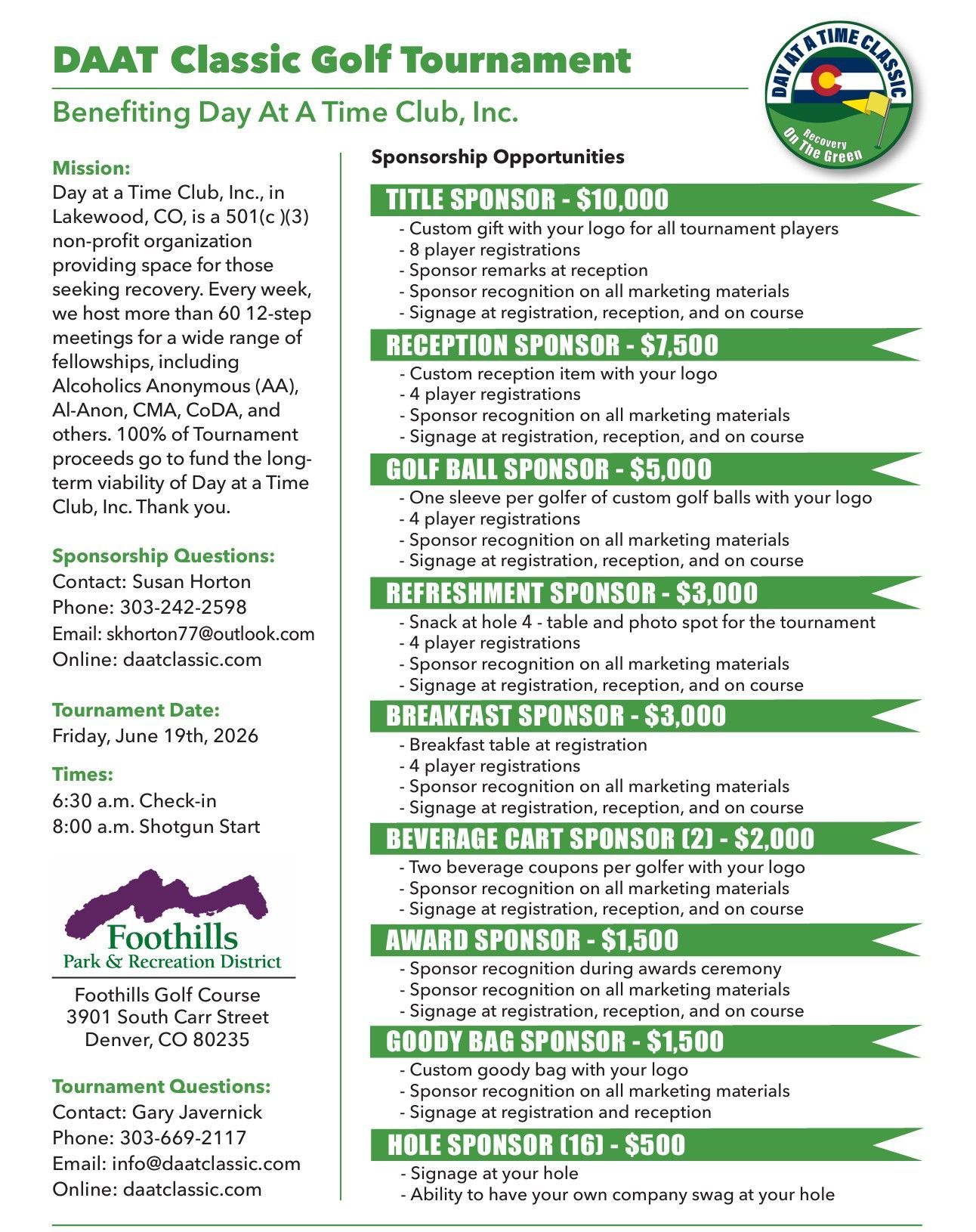 Flyer for the DAAT Classic Golf Tournament benefiting Day At A Time Club, Inc. at Toothills.