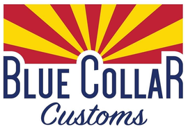 Logo for Blue Collar Customs featuring a red and yellow Arizona flag sunburst above the company name in blue text.