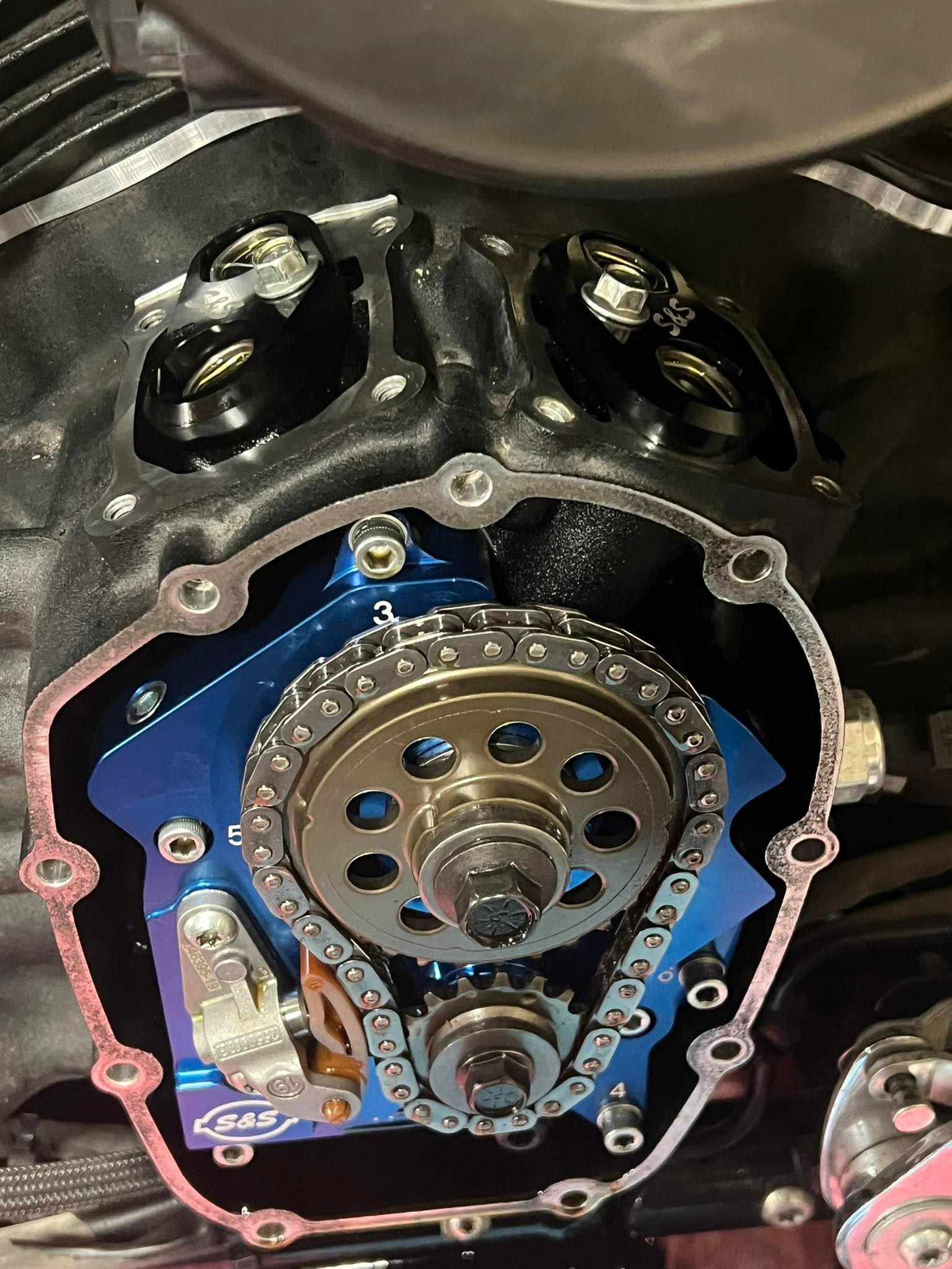 Exposed motorcycle engine cam chest with a blue S&S cycle plate, timing chain, and gears installed in a black engine case.