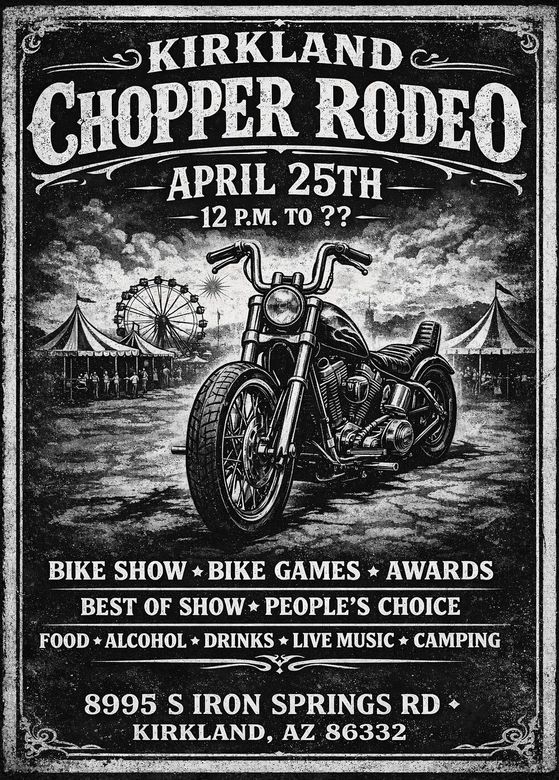 A black and white event poster for the Kirkland Chopper Rodeo on April 25th at 8995 S Iron Springs Rd, Kirkland, AZ.