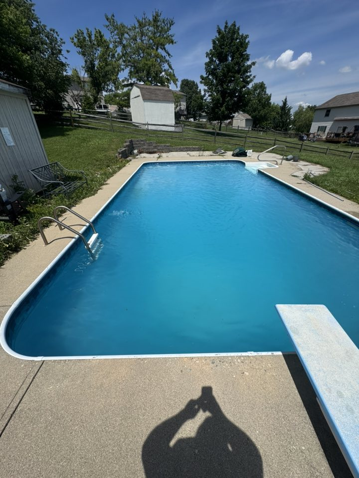 A rectangular backyard swimming pool with a diving board and concrete deck under a bright blue sky.