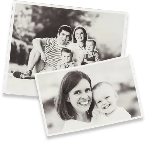 Two overlapping black-and-white family photos with smiling parents and children