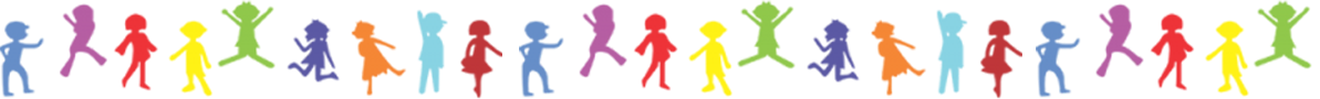 A row of colorful children silhouettes on a white background.