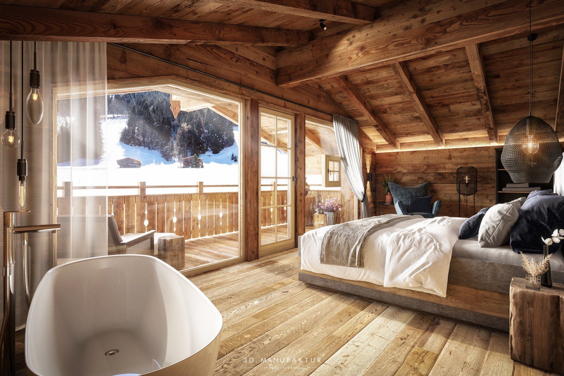 Architekturvisualisierung Chaletdorf Hygna Chalet B schlafen