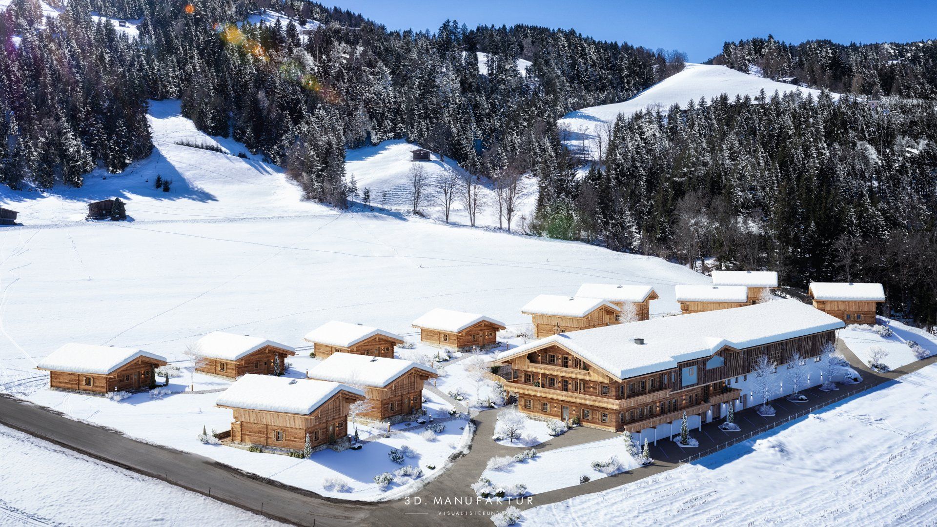 Architekturvisualisierung Chaletdorf Hygna Übersicht