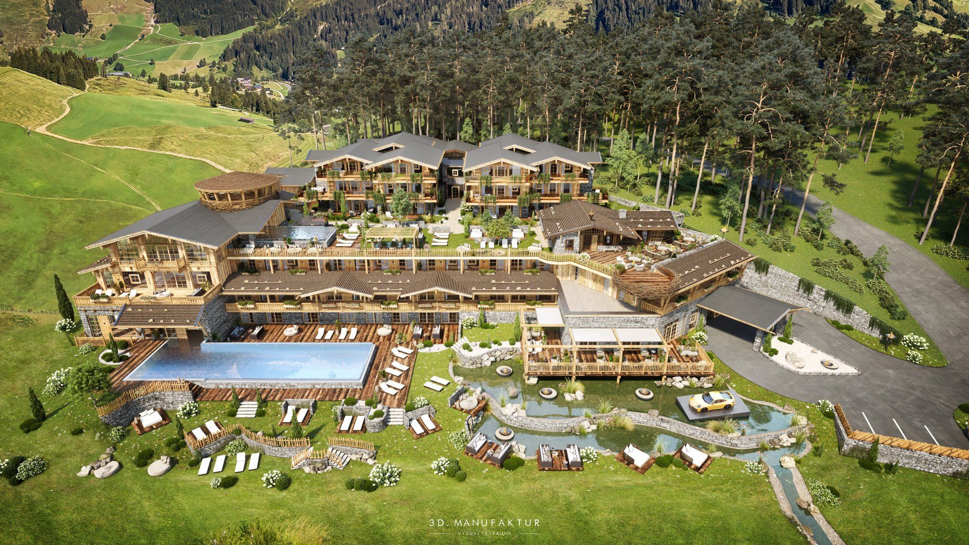 Architekturvisualisierung Chaletdorf Rustikal Übersicht