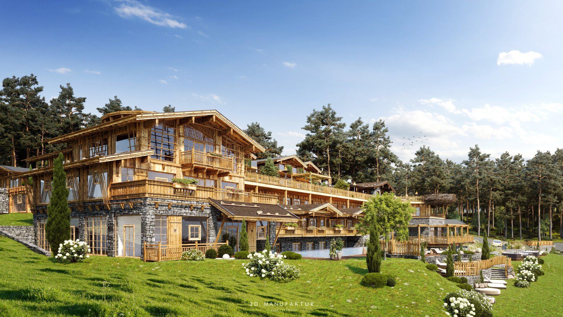 Architekturvisualisierung Chaletdorf Rustikal