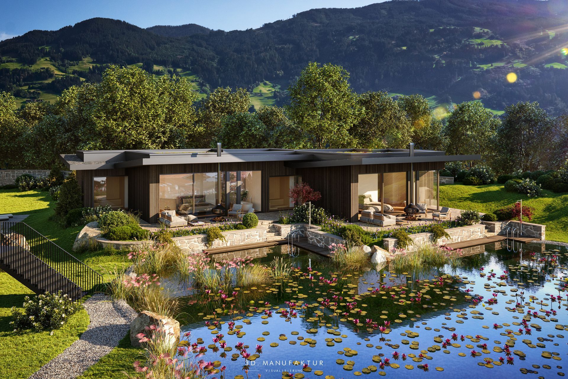 Architekturvisualisierung Schwimmteich mit Bungalows