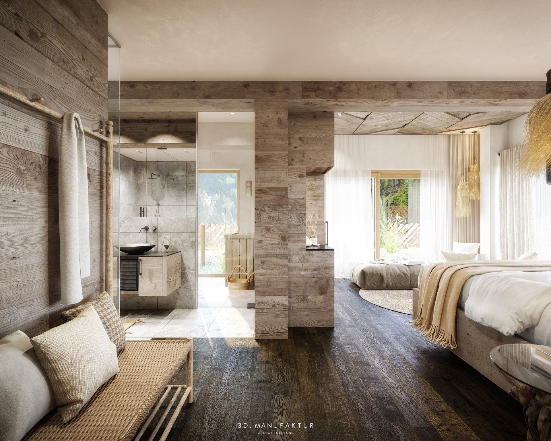 Interior Visualisierung Jufenalm Teichzimmer Bohemian Style