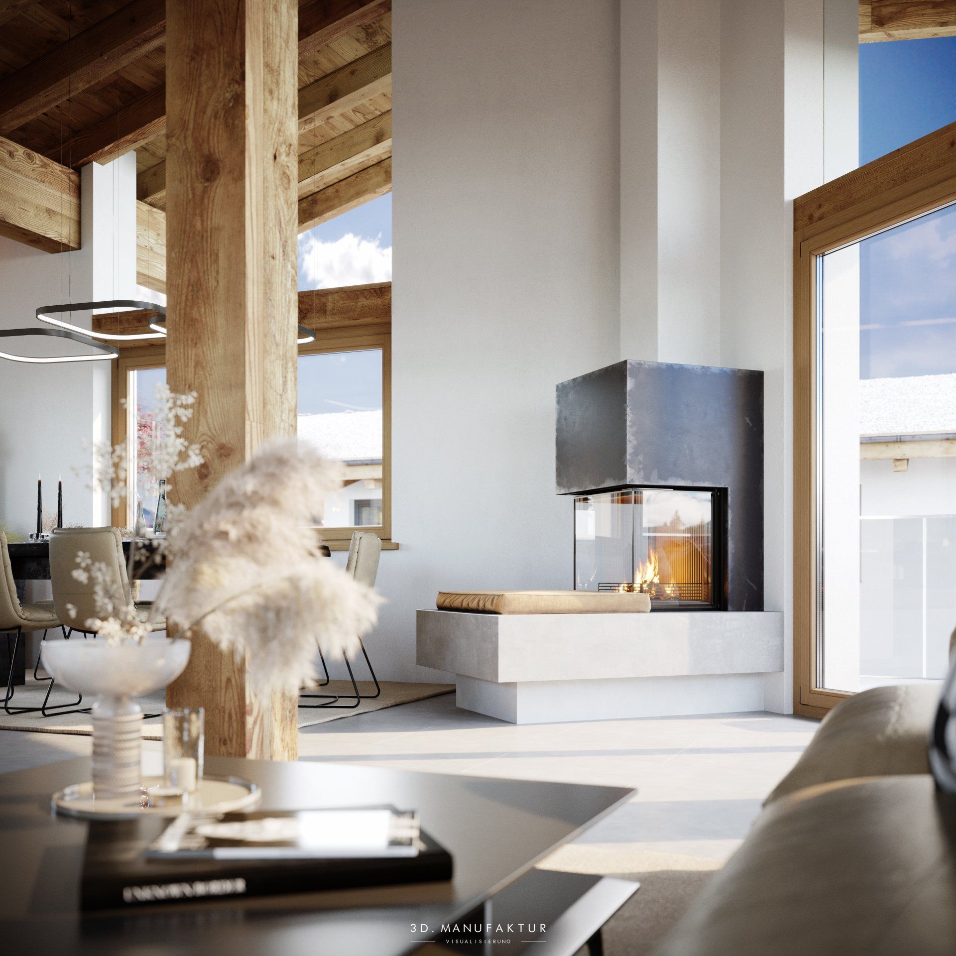 Architektur Interior Visualisierung Chalet Kamin