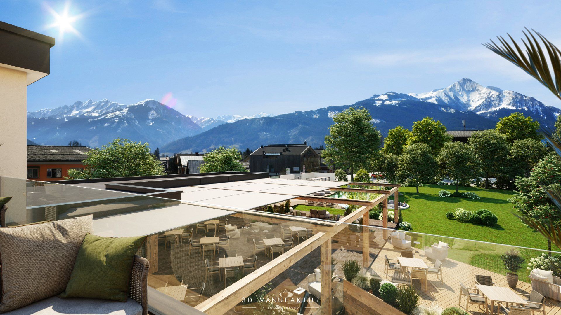 Architektur Visualisierung Hotel Alpenblick Terrasse