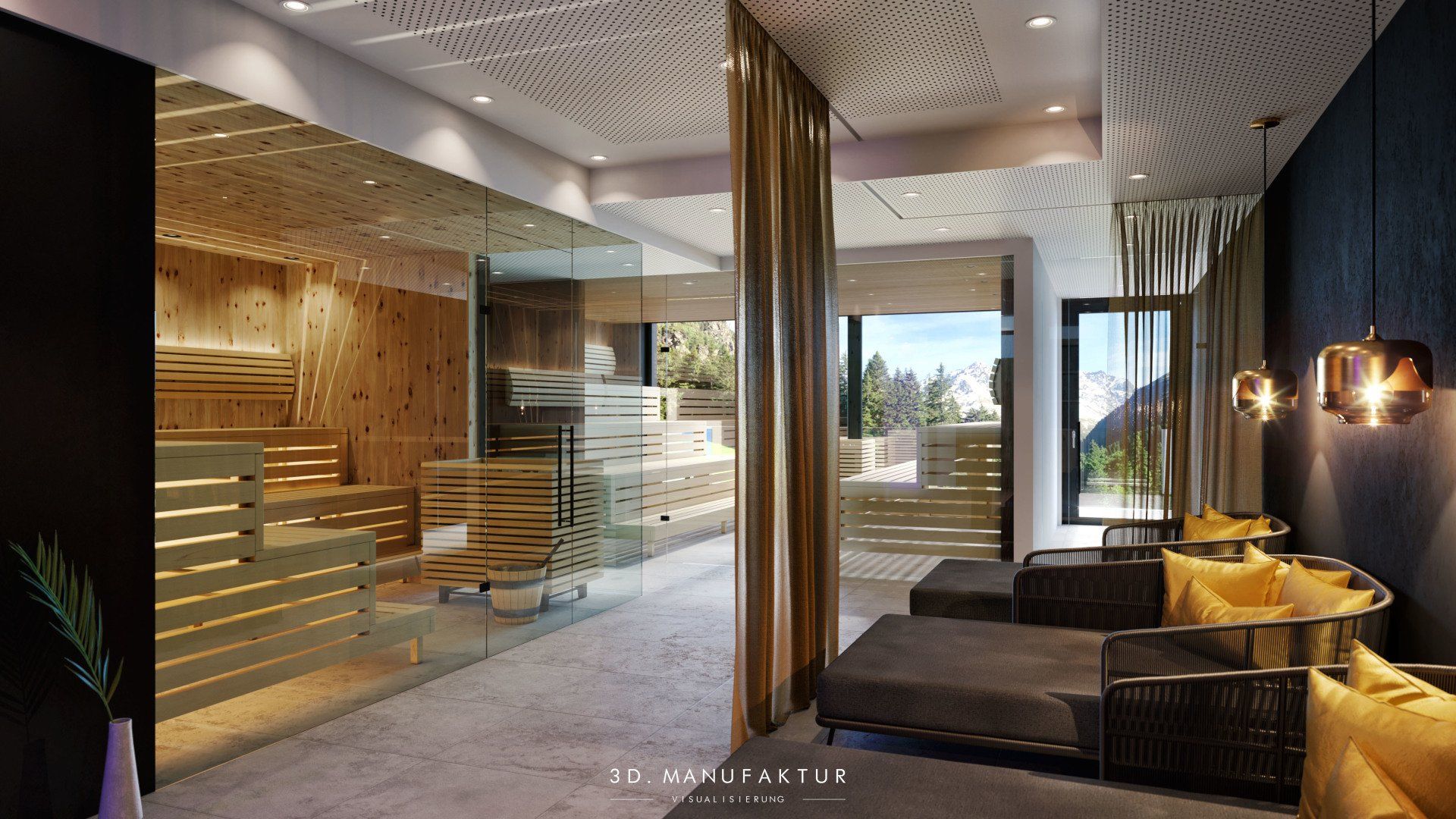 Architektur Visualisierung Alpine Resort Sportalm Sauna Detail