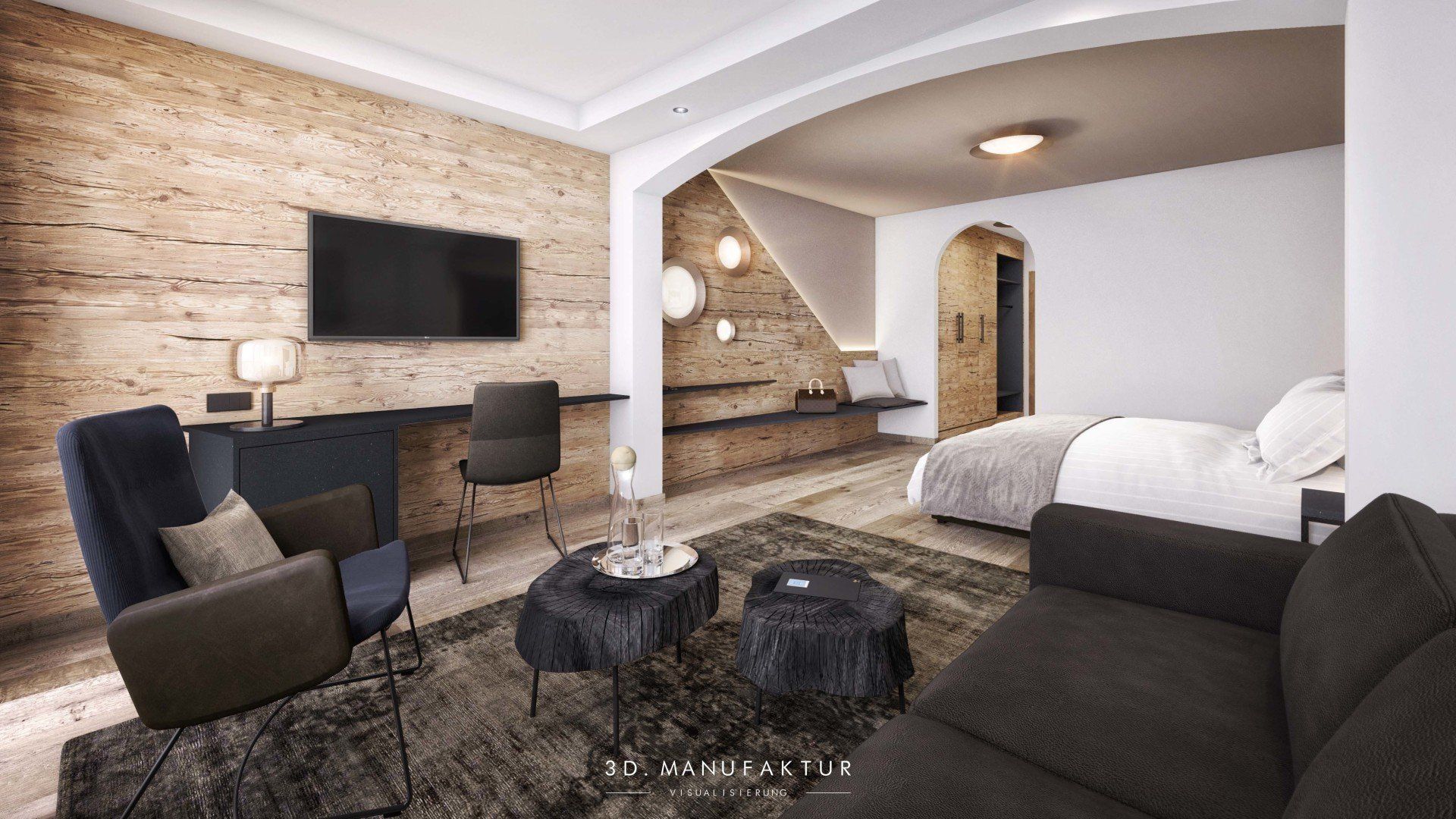 Architektur Visualisierung Hotel Seespitz Zimmer wohnen