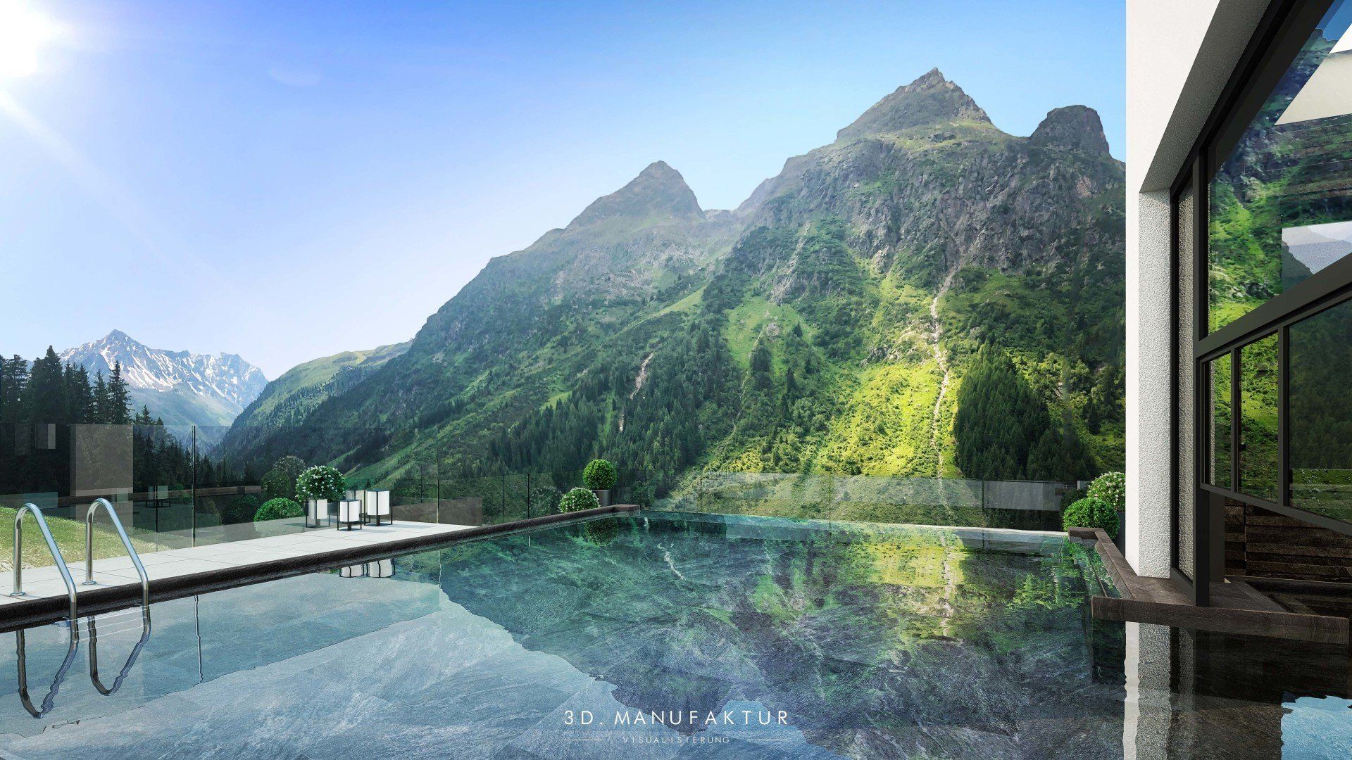 Architektur Visualisierung Alpine Resort Sportalm Pool Aussicht
