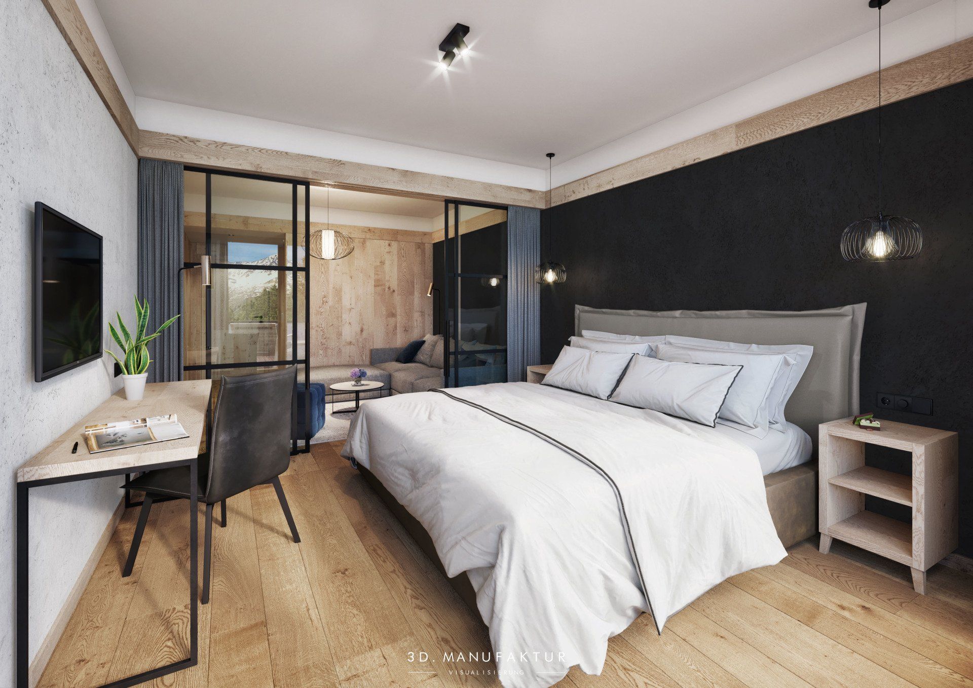 Architektur Visualisierung Alpine Resort Sportalm Suite schlafen