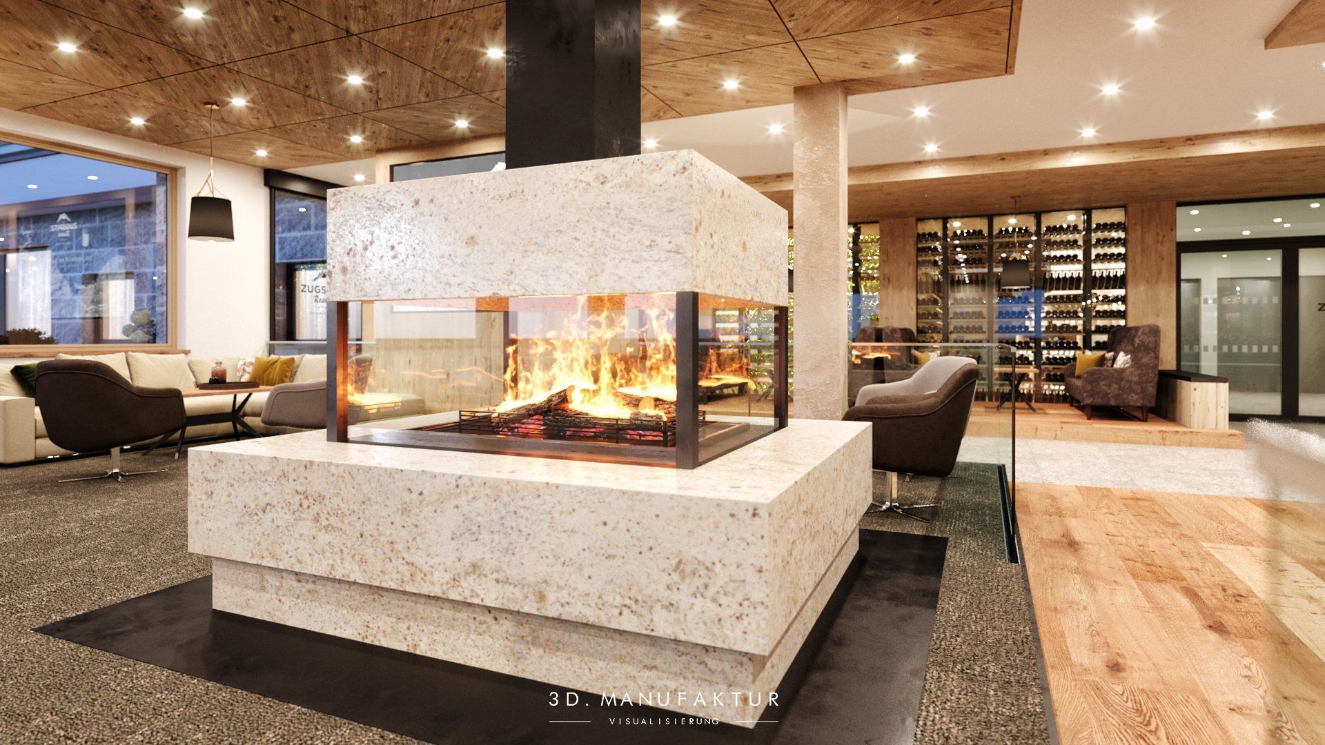 Architektur Visualisierung Hotel Zugspitz Lounge Ofen