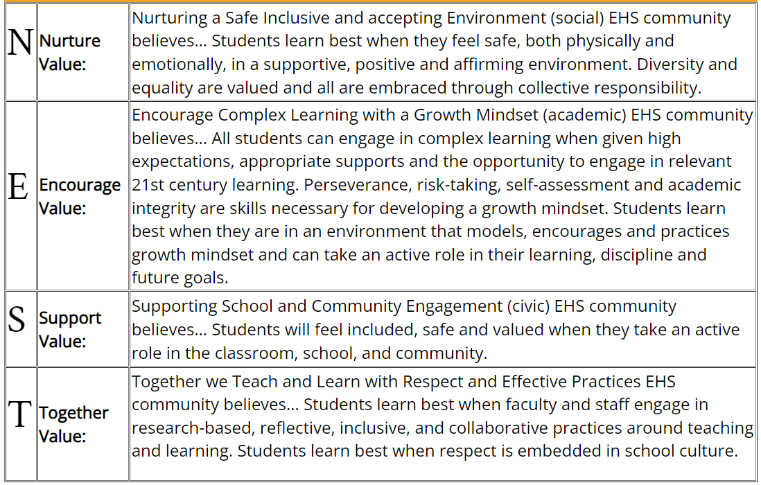 A list of values including nature value encourage value and together value