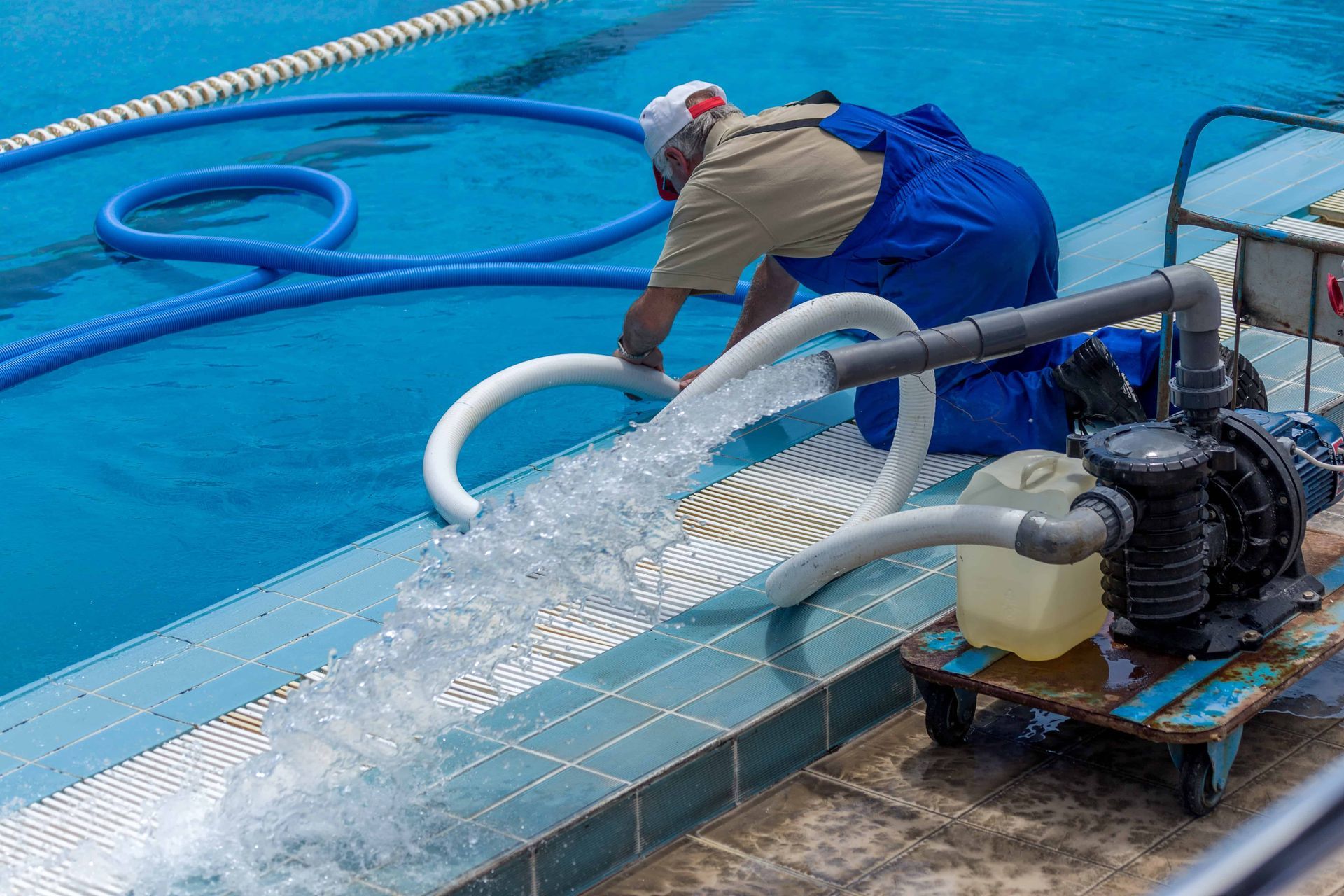 Man in blue overalls and cap using a pump to drain water from a swimming pool.