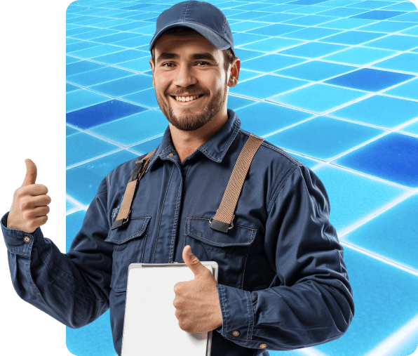 Smiling worker in a blue uniform and cap giving thumbs up, holding a tablet, with a blue geometric background.