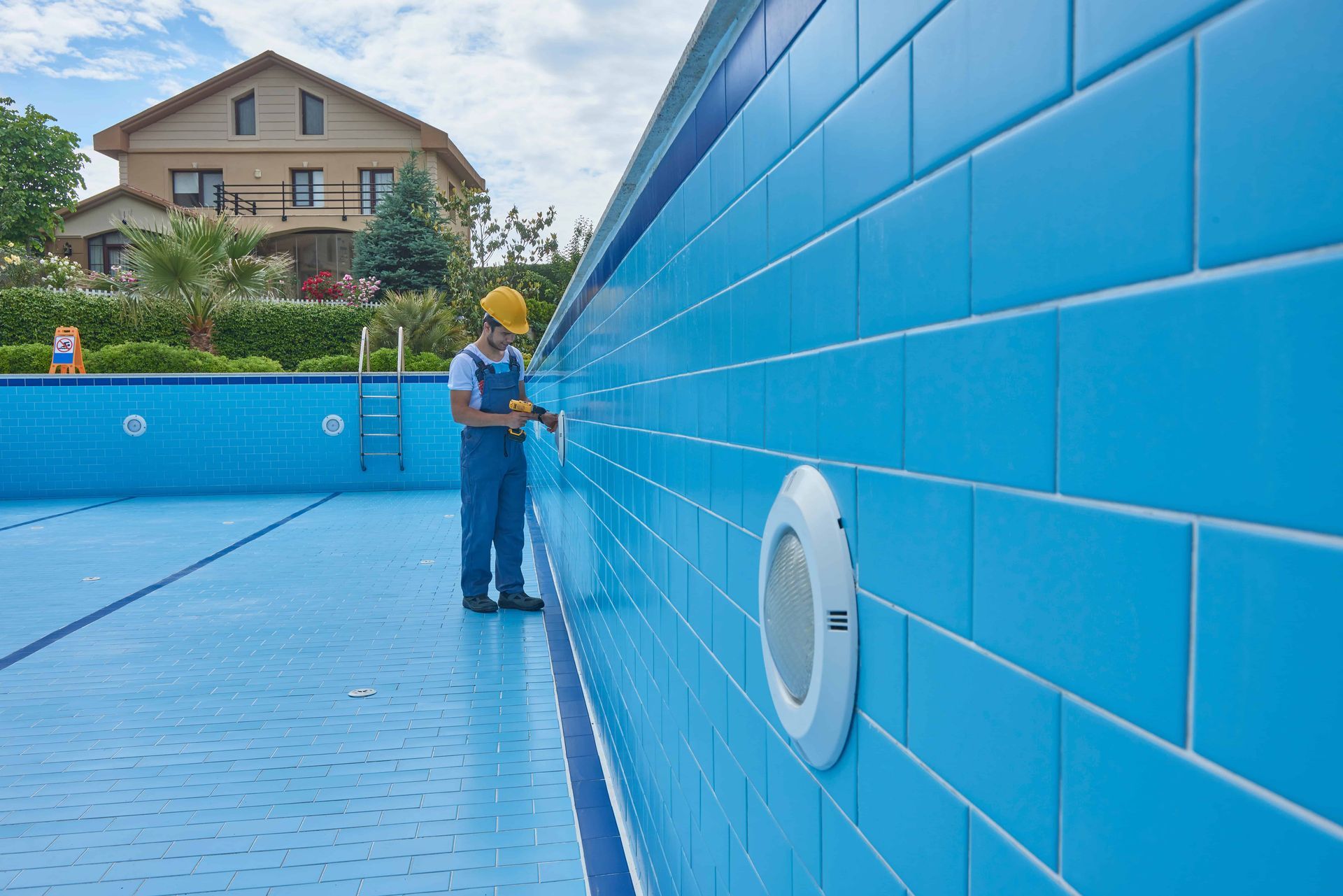 Person in work clothes repairing blue tiled pool. A house and trees are in the background.
