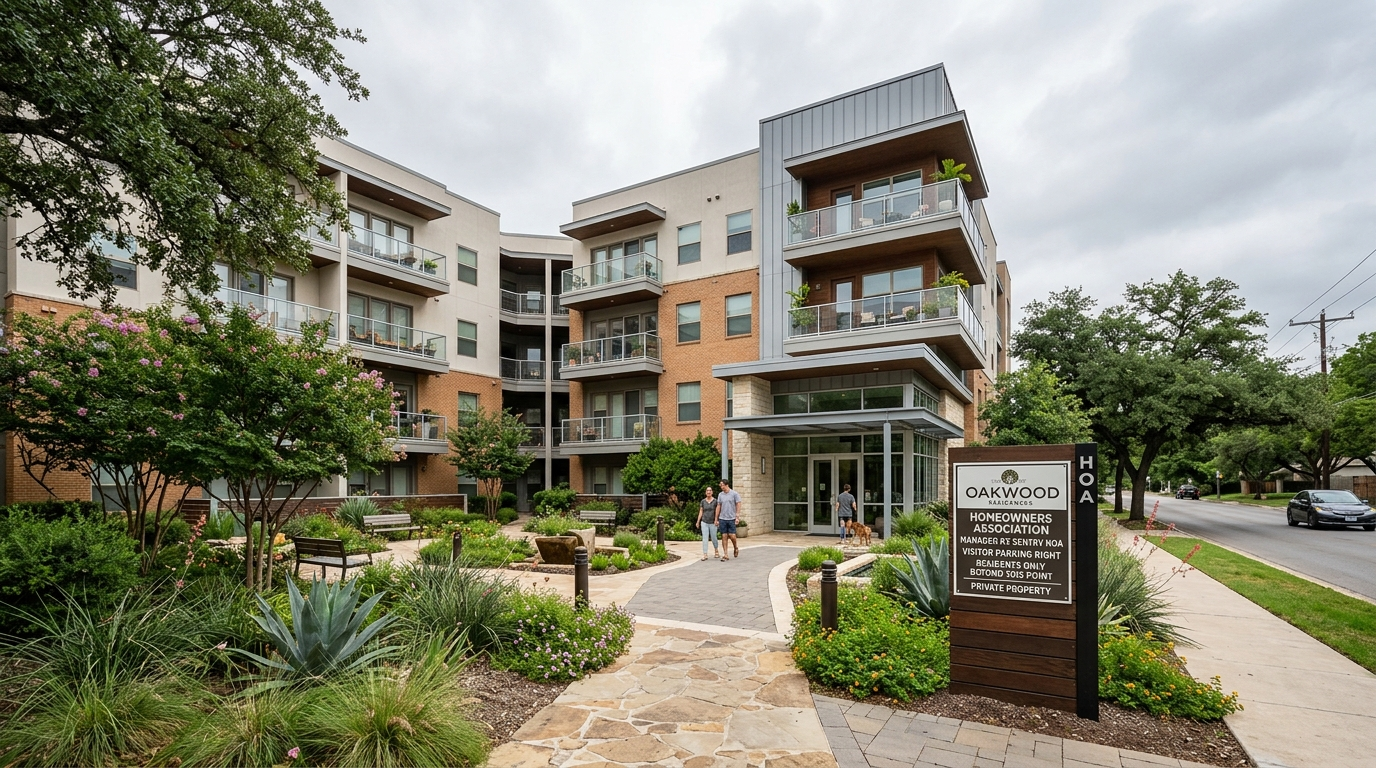 Aerial view of a Texas townhome community with manicured lawns and shared roof structures under a partly cloudy sky
